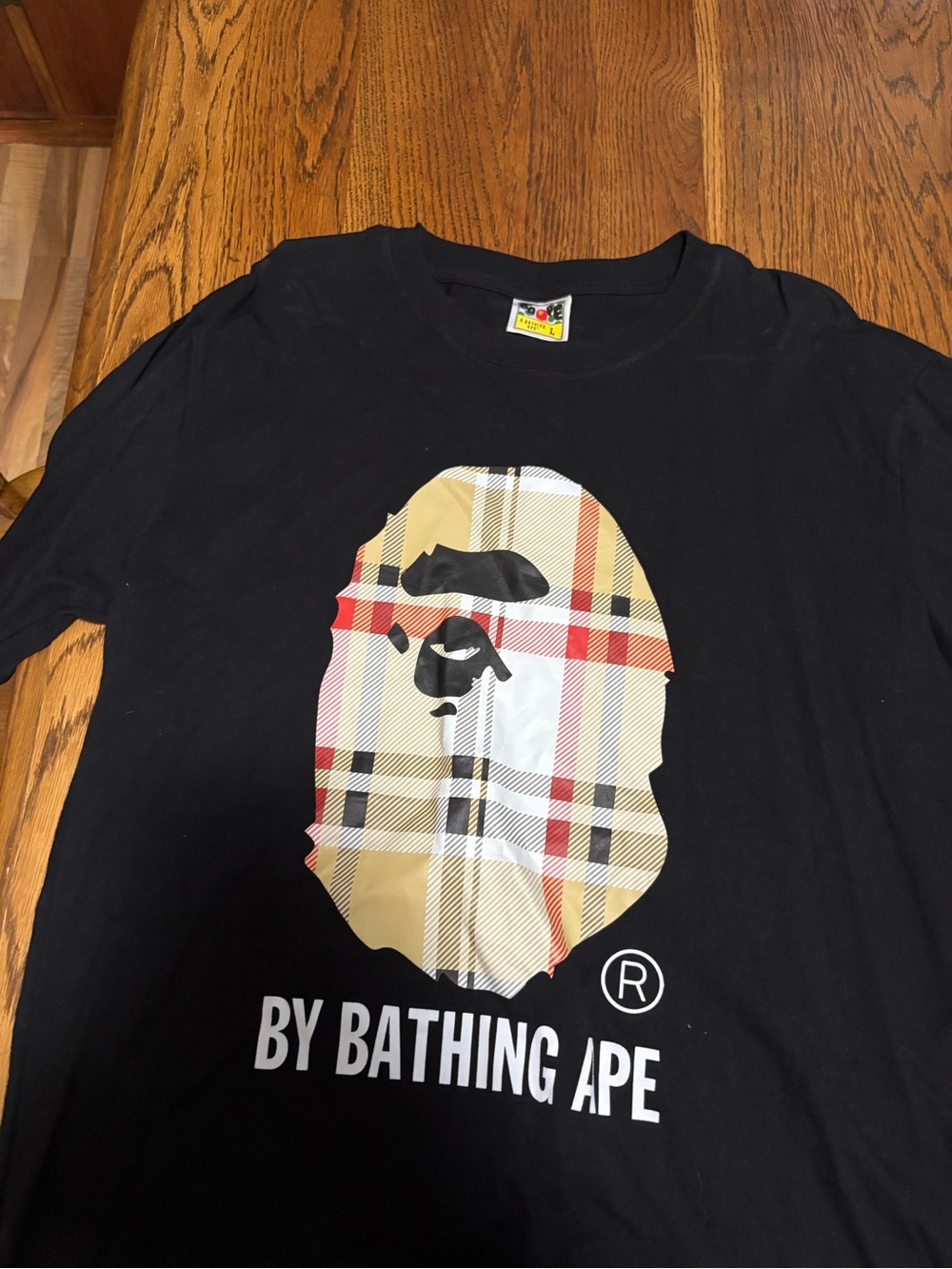 BY BATHING APE Black Short Sleeve Logo Tee with Plaid Ape Graphic